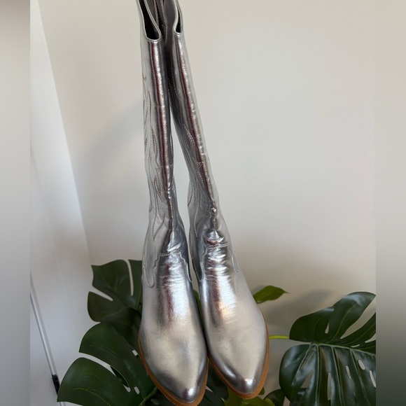 Silver Metallic Cowboy Chunky Heeled Western Embroidery Cowgirl Boots Size 7 - Picture 3 of 7